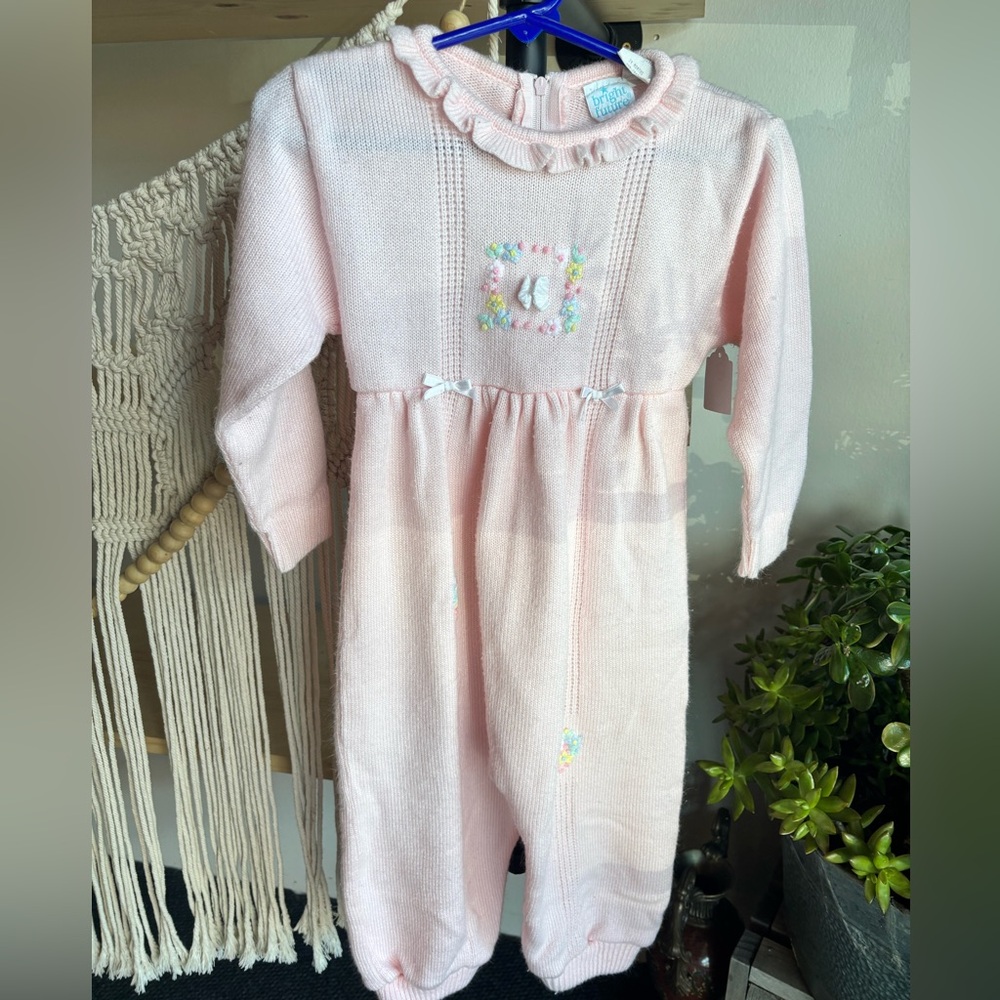 Vintage Pink Knit Baby Romper with Floral Embroidery